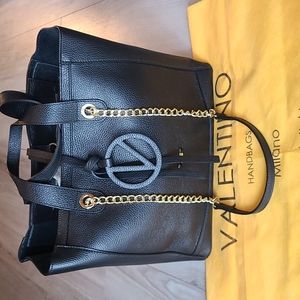 Valentino Sophie Medallion Leather Tote Black with Gold Hardware 15"×12"